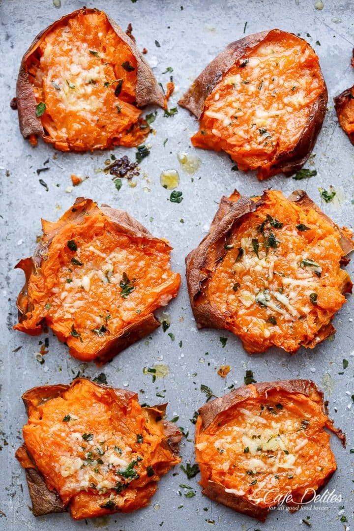 garlic butter smashed sweet potatoes with parmesan by cafedelites